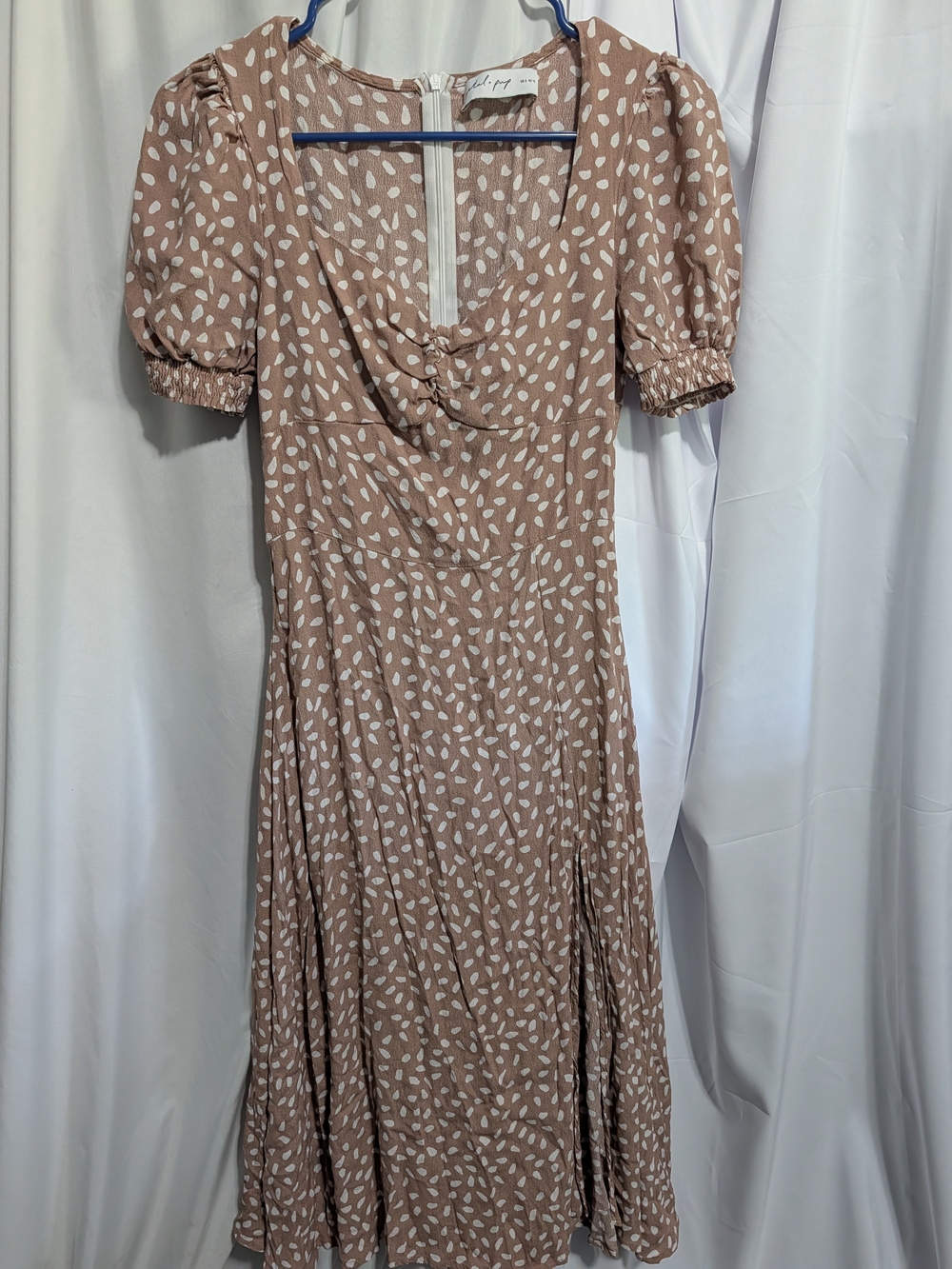 Women’s Beige Printed Midi Dress with Puff Sleeves
